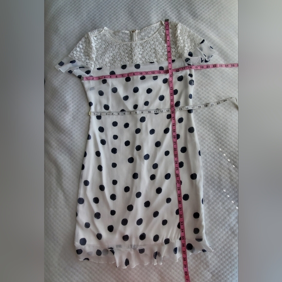 Karl Lagerfeld Paris Dress Womens‎ 10 Sheath Ivory Navy Polka Dot Lace Ruffle - Picture 13 of 16